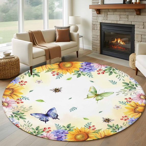 Round Rug 7Ft Washable Non-Slip, Spring Floral Circle Area Rugs for Living Room Bedroom, Hydrangea Sunflowers Butterflies Watercolor Indoor Floor Mats Carpet Runner for Home Decor Aesthetic