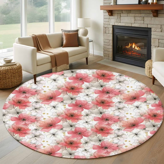 Round Rug 7Ft Washable Non-Slip, Spring Flowers Circle Area Rugs for Living Room Bedroom, Farmhouse Chinese Pink White Floral Indoor Floor Mats Carpet Runner for Home Decor Aesthetic