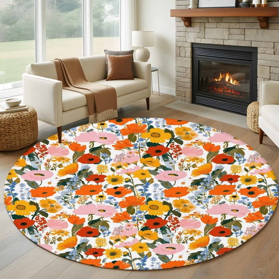 Round Rug 7Ft Washable Non-Slip, Spring Flowers Circle Area Rugs for Living Room Bedroom, Watercolor Floral Daisy Poppy Plants Rustic Indoor Floor Mats Carpet Runner for Home Decor Aesthetic