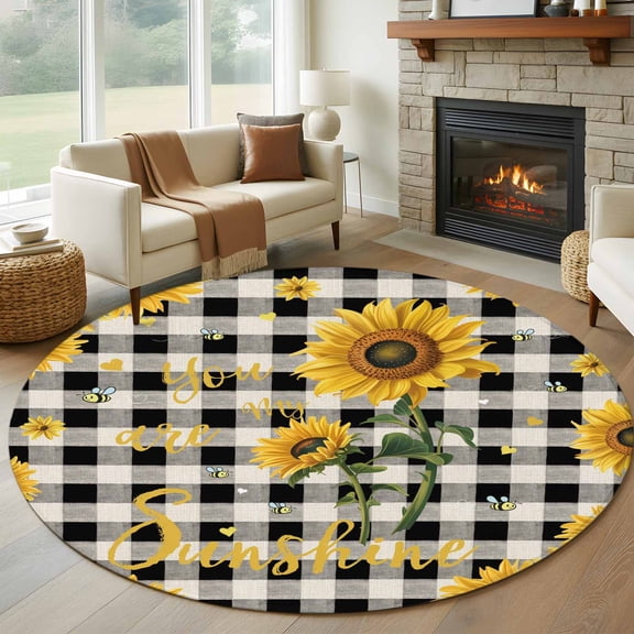 Round Rug 7Ft Washable Non-Slip, Sunflower Checked Circle Area Rugs for Living Room Bedroom, Vintage Garden Floral Bees Farmhouse Indoor Floor Mats Carpet Runner for Home Decor Aesthetic