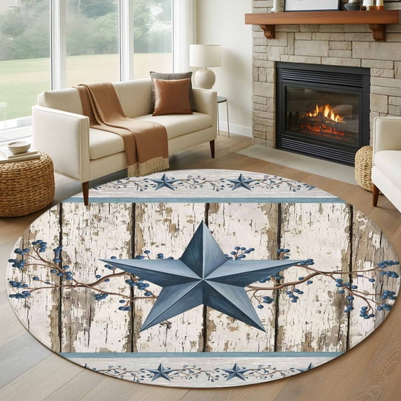 Round Rug 7Ft Washable Non-Slip, Texas Star Navy Blue Circle Area Rugs for Living Room Bedroom, Farmhouse Vintage Art Wooden Indoor Floor Mats Carpet Runner for Home Decor Aesthetic
