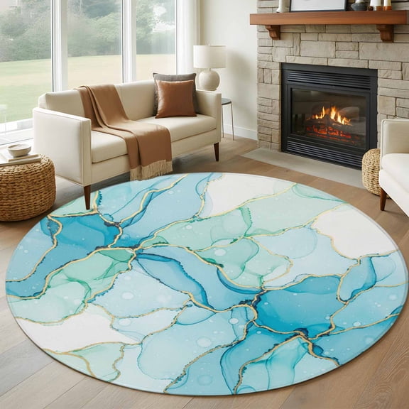Round Rug 7Ft Washable Non-Slip, Turquoise Blue Marble Circle Area Rugs for Living Room Bedroom, Modern Abstract Art Cracks Indoor Floor Mats Carpet Runner for Home Decor Aesthetic