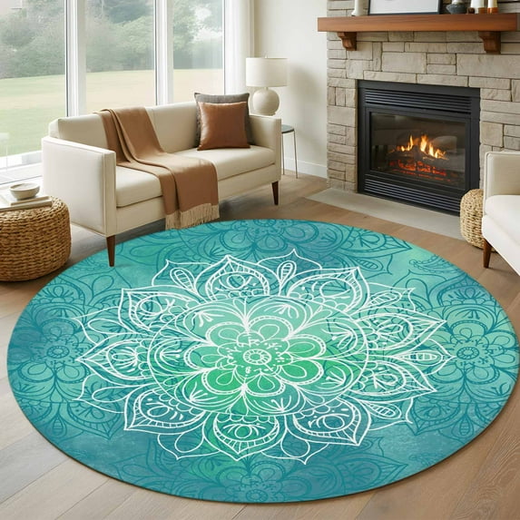 Round Rug 7Ft Washable Non-Slip, Turquoise Boho Circle Area Rugs for Living Room Bedroom, Oriental Abstract Motifs Traditional Bohemian Indoor Floor Mats Carpet Runner for Home Decor Aesthetic