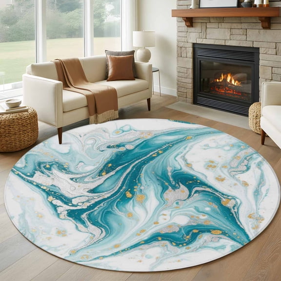 Round Rug 7Ft Washable Non-Slip, White Teal Marble Circle Area Rugs for Living Room Bedroom, Modern Abstract Art Marble Fluid Indoor Floor Mats Carpet Runner for Home Decor Aesthetic