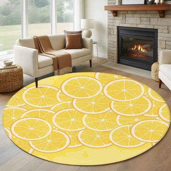 Round Rug 7Ft Washable Non-Slip, Yellow Lemon Circle Area Rugs for Living Room Bedroom, Summer Botanical Watercolor Modern Art Indoor Floor Mats Carpet Runner for Home Decor Aesthetic