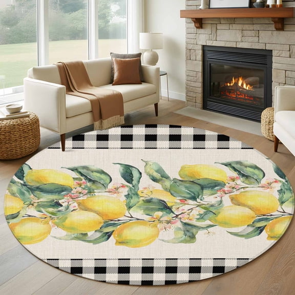 Round Rug 7Ft Washable Non-Slip, Yellow Lemons Circle Area Rugs for Living Room Bedroom, Summer Botanical Black White Plaid Rustic Indoor Floor Mats Carpet Runner for Home Decor Aesthetic
