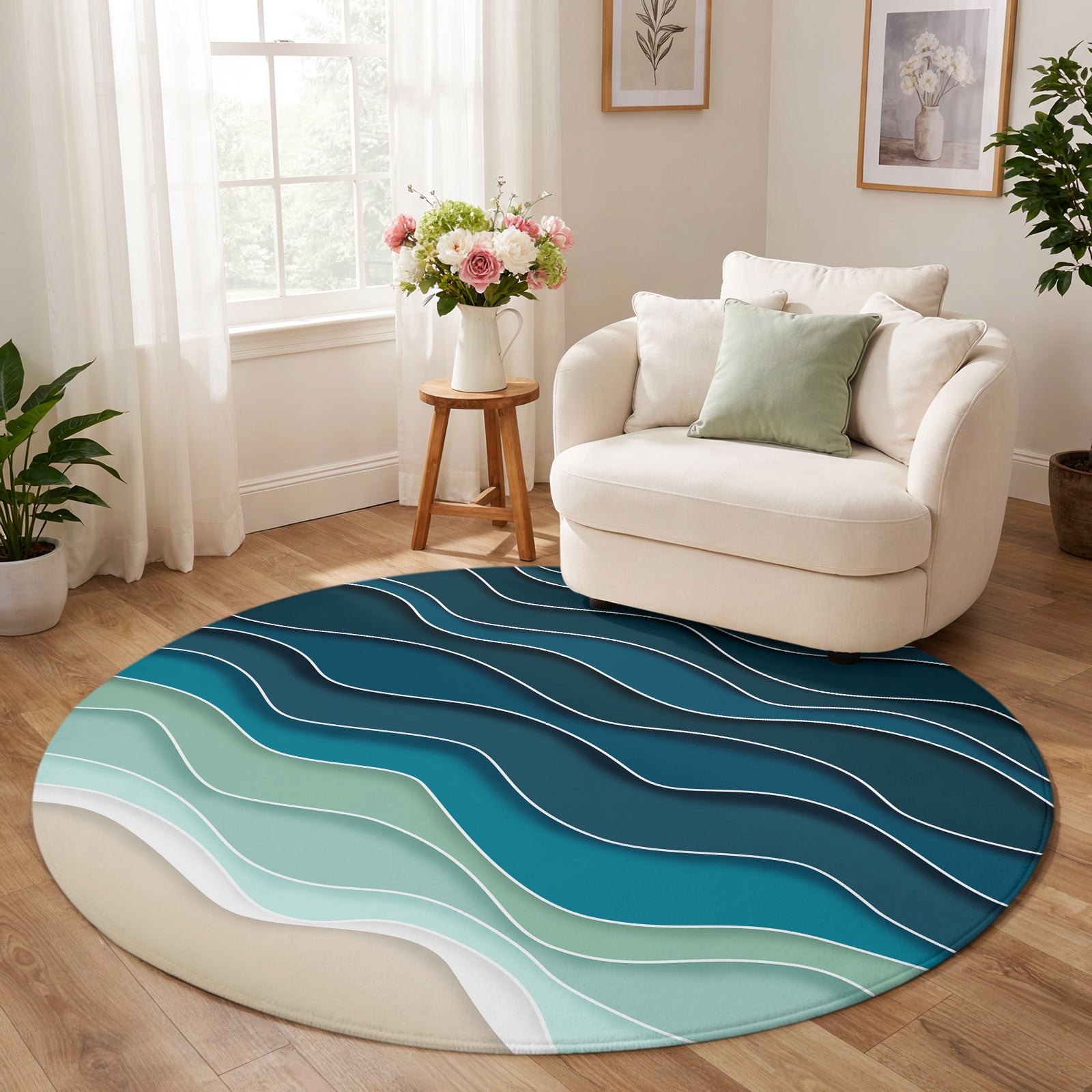 Round Rug 7ft, Blue Waves Low Pile Washable Rugs for Playroom, Kitchen ...