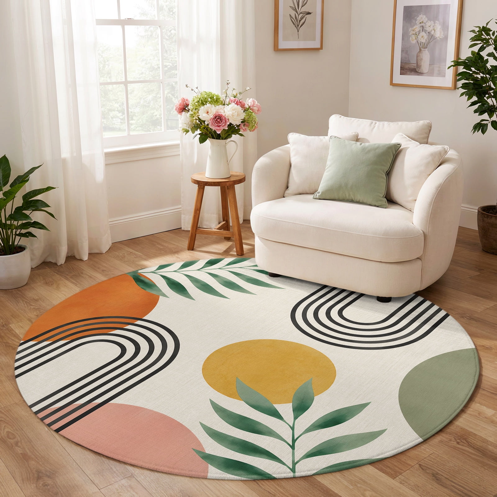 Homeboy Rug Round Rug 7ft, Boho Sun Discs Low Pile Washable Rugs for Playroom ...