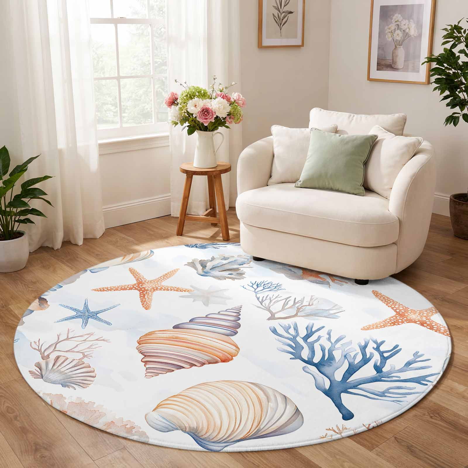 Conch Shell Fod Round Rug 7ft, Coastal Low Pile Washable Rugs for Playroom, Kitchen ...