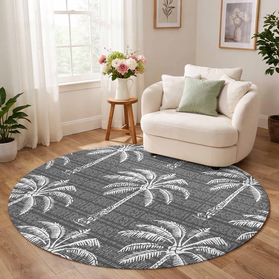 Tree Designed Rugs Round Rug 7ft, Dark Grey Palm Tree Low Pile Washable Rugs for Playroom ...