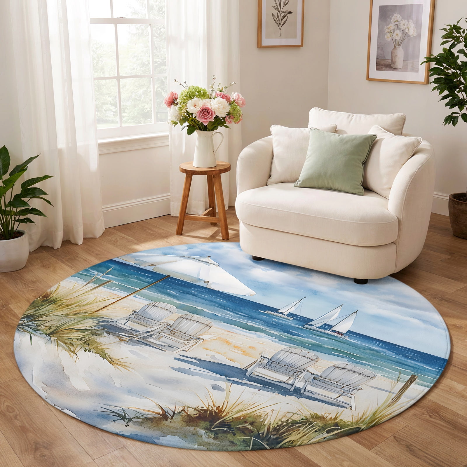 Round Rug 7ft, Nautical Wave Blue Low Pile Washable Rugs for Playroom ...