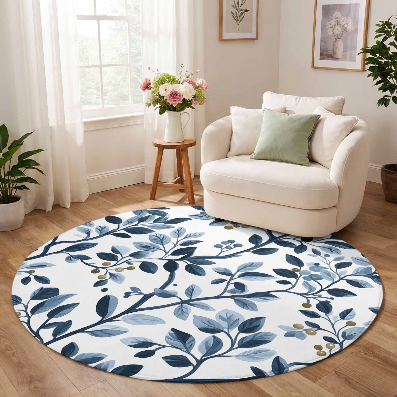 Round Rug 7ft, Navy Blue Botanical Low Pile Washable Rugs for Playroom ...