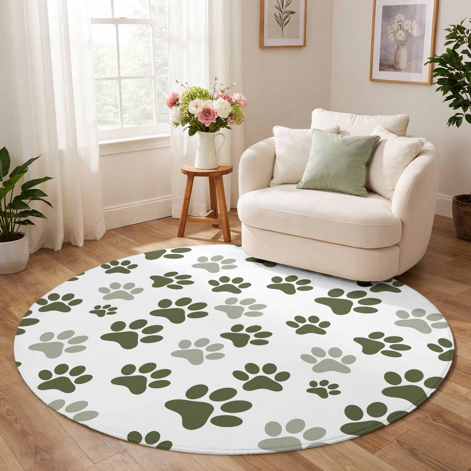 Round Rug 7ft, Olive Green Dog Paw Prints Low Pile Washable Rugs for ...