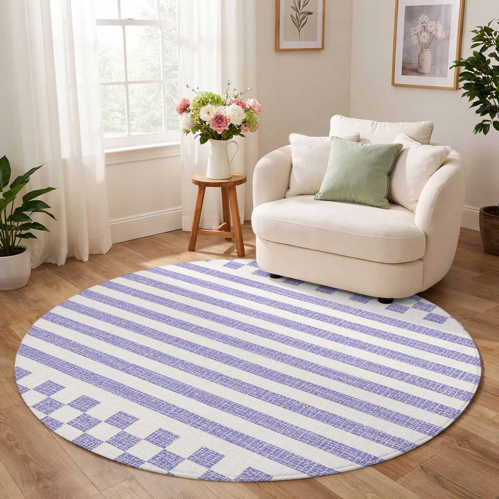 Round Rug 7ft, Purple Stripes Low Pile Washable Rugs for Playroom ...