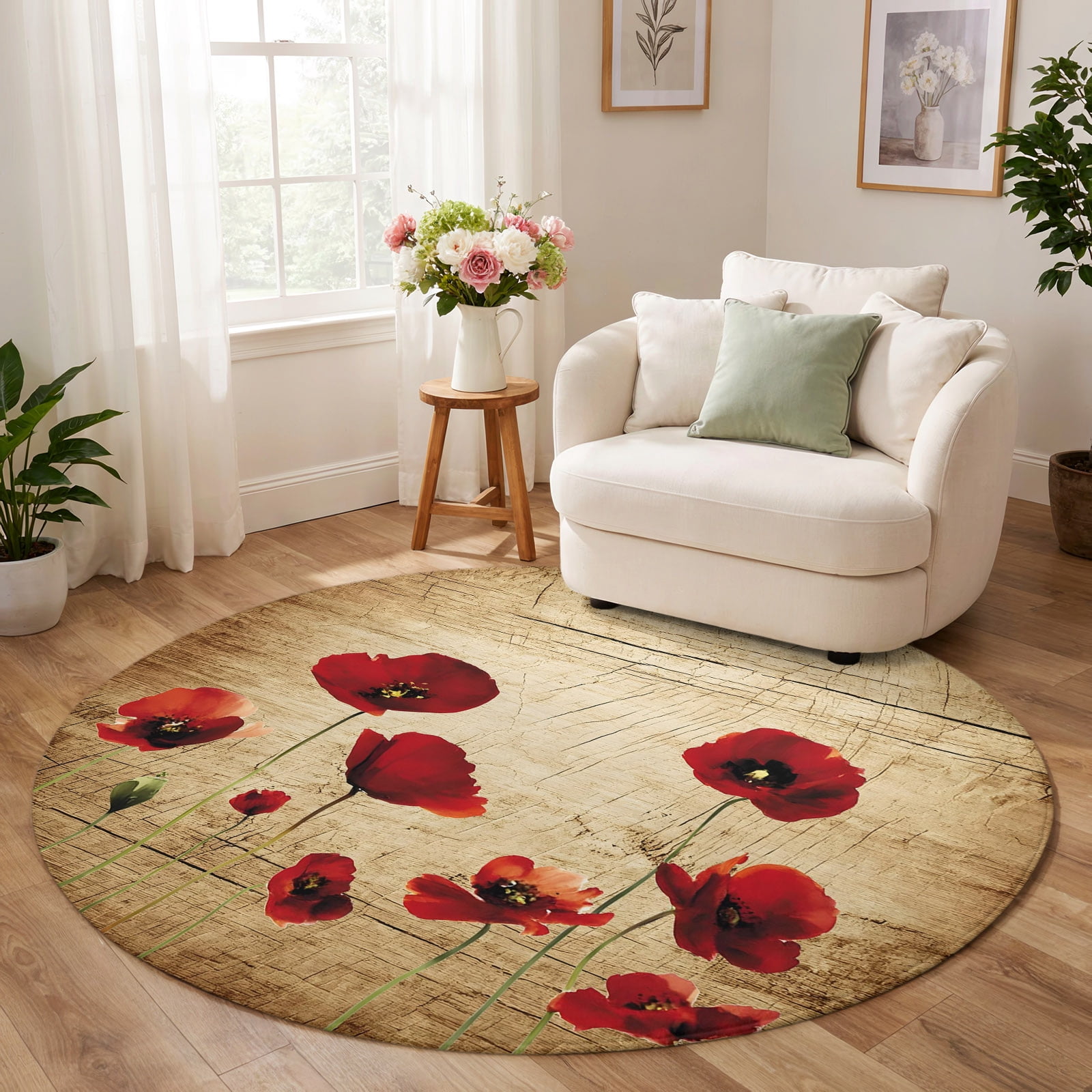 Round Rug 7ft, Red Poppy Flowers Low Pile Washable Rugs for Playroom ...