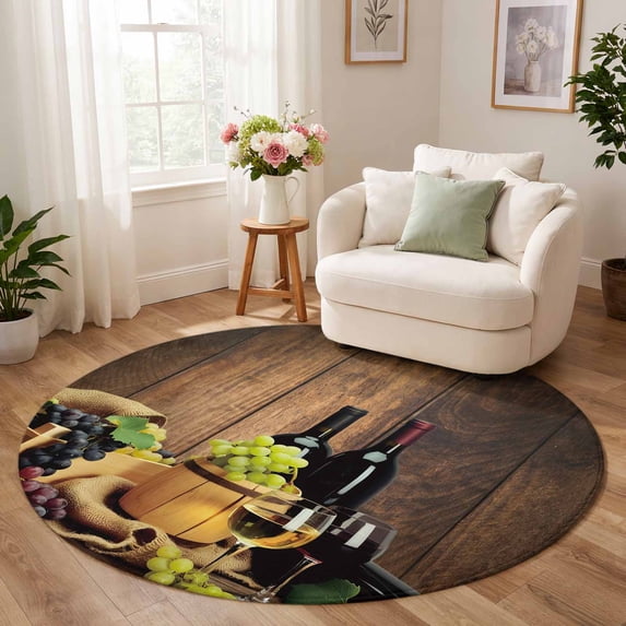 Grape Kitchen Round Rug 7ft, Red Wines Low Pile Washable Rugs for Playroom, Kitchen ...