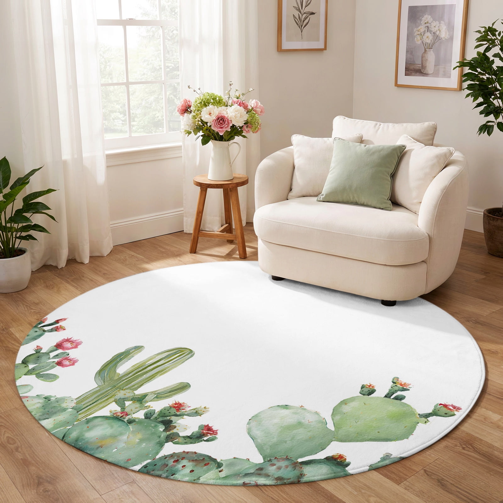 Round Rug 7ft, Tropical Plants Low Pile Washable Rugs for Playroom ...