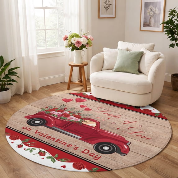 Valentina Red Roses Round Rug 7ft, Valentine's Day Low Pile Washable Rugs for Playroom ...