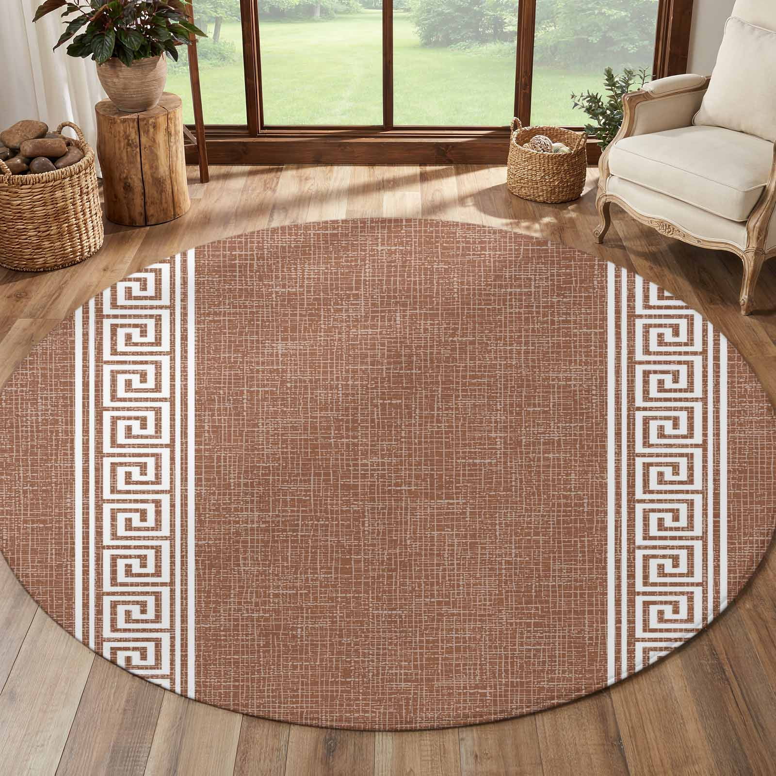 Round Rug 8 Ft, Greek Key Brown Area Rugs for Living Room, Dining Room ...