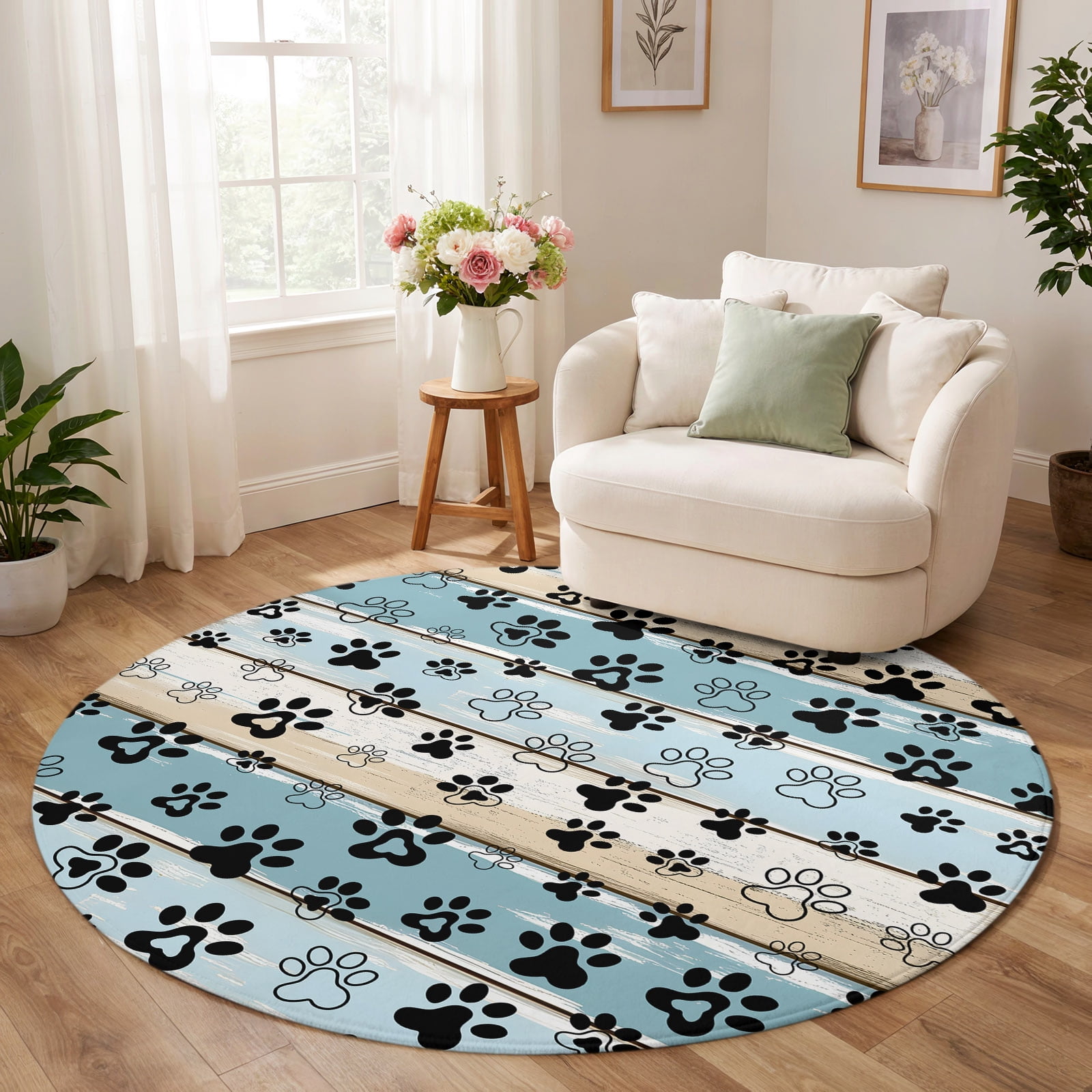 Round Rug 8ft, Blue Beige Paw Print Low Pile Washable Rugs for Bedroom ...