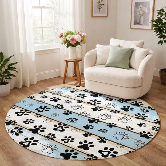 Round Rug 8ft, Blue Beige Paw Print Low Pile Washable Rugs for Bedroom ...