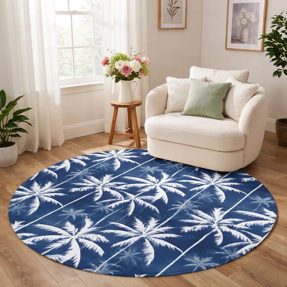 Round Rug 8ft, Coastal Palm Trees Low Pile Washable Rugs for Bedroom ...