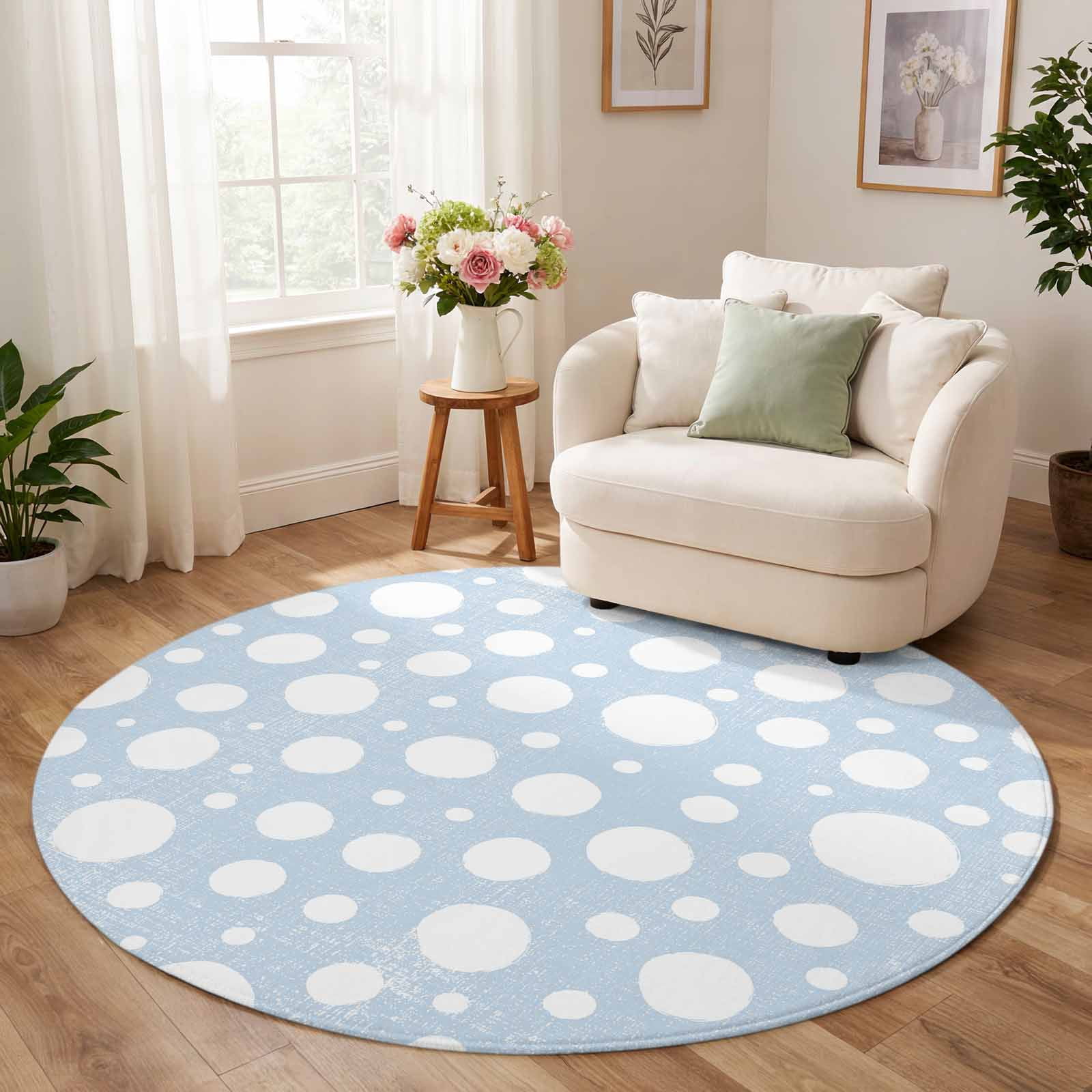 Round Rug 8ft, Light Blue Polka Dot Low Pile Washable Rugs for Bedroom ...