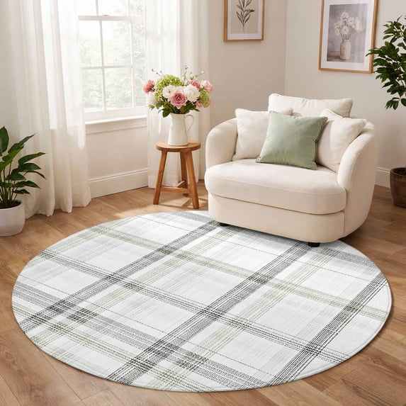 Round Rug 8ft, Sage Green Check Low Pile Washable Rugs for Bedroom ...