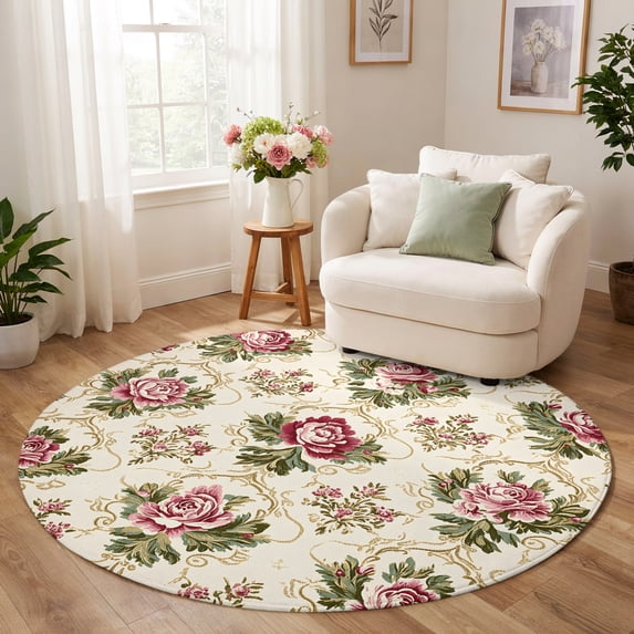 Pink Round Bug Round Rug 8ft, Vintage Pink Flowers Low Pile Washable Rugs for Bedroom ...