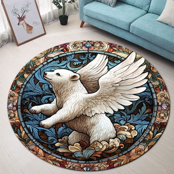 Round Rug, Angel Bear 3 Soft Washable Carpet, Non-Slip Floor Mat for Living Room Bedroom Home Decor 39 Inch