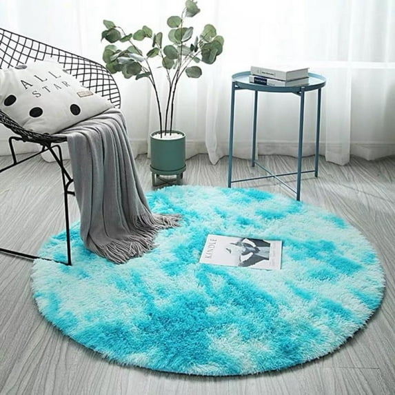 Round Rug for Bedroom Fluffy Circle Rug for Kids Room Tie Dye Furry Carpet for Teen's Room,Nursery Room,Fuzzy Plush Rug for Dorm Cute Room Decor for Baby,31.5x31.5in (Blue)