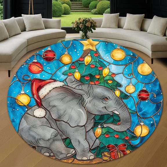 Round Rug, Christmas Elephant Soft Washable Carpet, Non-Slip Floor Mat for Living Room Bedroom Home Decor 24 Inch