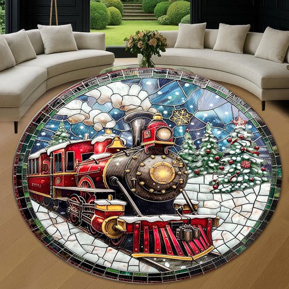 Round Rug, Christmas Train Soft Washable Carpet, Non-Slip Floor Mat for Living Room Bedroom Home Decor 24 Inch