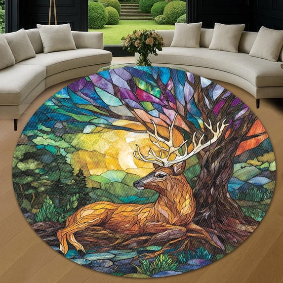 Round Rug, Deer Under Tree 2 Soft Washable Carpet, Non-Slip Floor Mat for Living Room Bedroom Home Decor 59 Inch