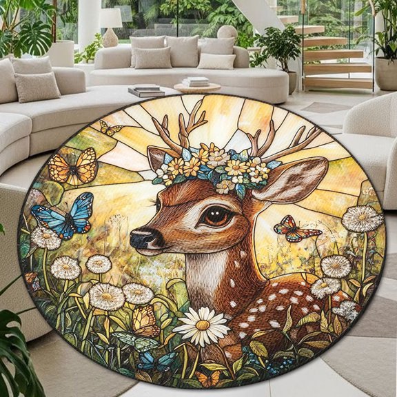 Round Rug, Deer3 Soft Washable Carpet, Non-Slip Floor Mat for Living Room Bedroom Home Decor 24 Inch
