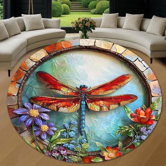 Round Rug, Dragonfly6 Nature Pattern Soft Washable Carpet, Non-Slip Floor Mat for Living Room Bedroom Home Decor 24 Inch