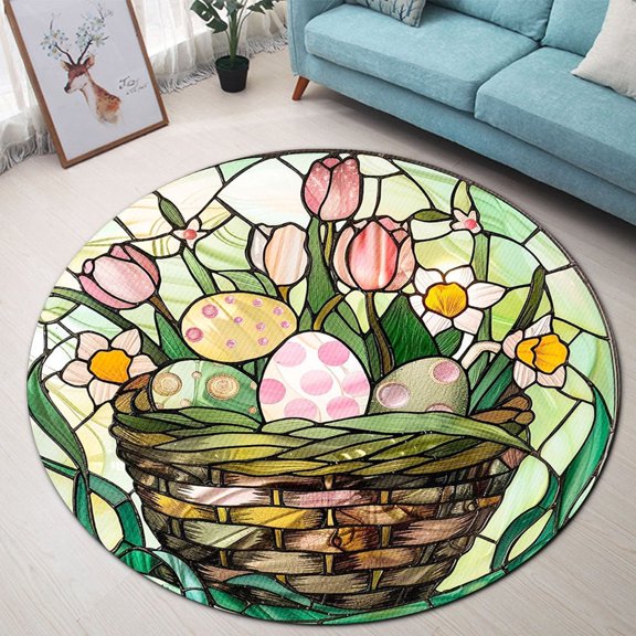 Round Rug, Easter Egg Basket19 Soft Washable Carpet, Non-Slip Floor Mat for Living Room Bedroom Home Decor 24 Inch