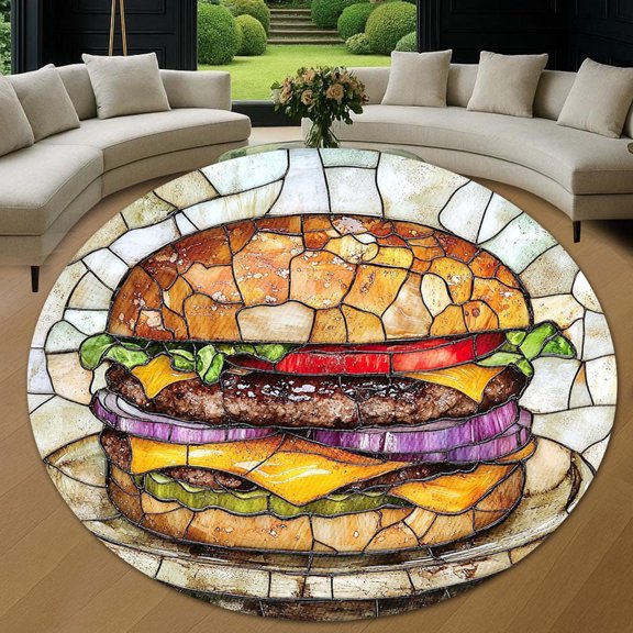 Round Rug, Grilled Burger 3 Soft Washable Carpet, Non-Slip Floor Mat for Living Room Bedroom Home Decor 24 Inch