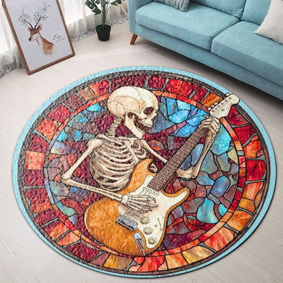 Round Rug, Guitarist Skeleton Guitar Soft Washable Carpet, Non-Slip Floor Mat for Living Room Bedroom Home Decor 24 Inch