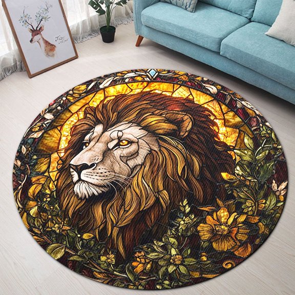 Round Rug, Holy Guardian Lion 2 Soft Washable Carpet, Non-Slip Floor Mat for Living Room Bedroom Home Decor 24 Inch