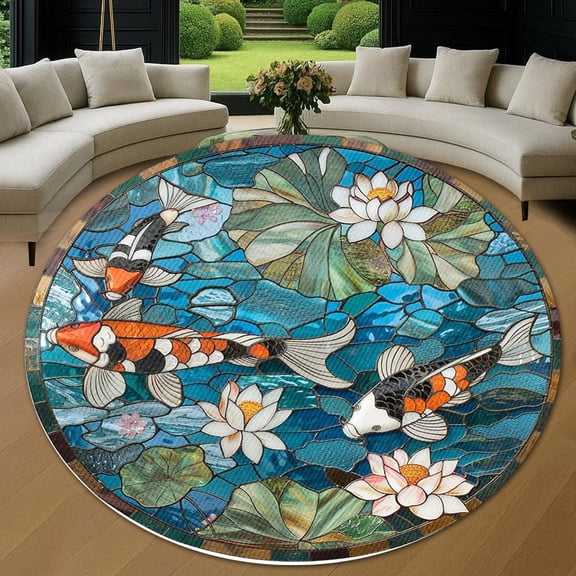 Round Rug, Koi Fish Soft Washable Carpet, Non-Slip Floor Mat for Living Room Bedroom Home Decor 24 Inch