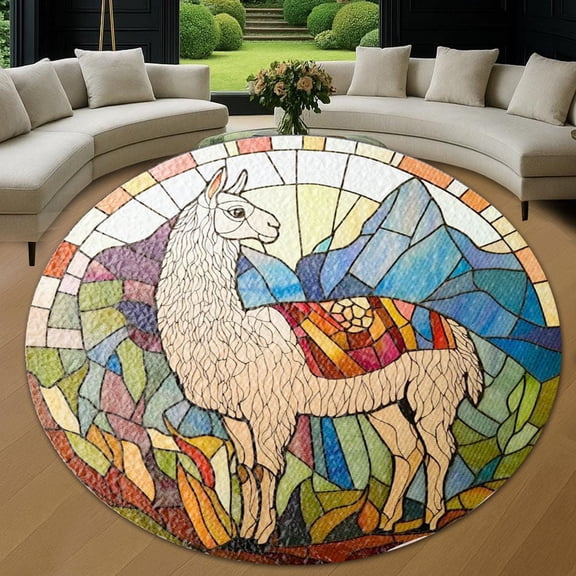 Round Rug, Llama Alpaca Light Soft Washable Carpet, Non-Slip Floor Mat for Living Room Bedroom Home Decor 24 Inch