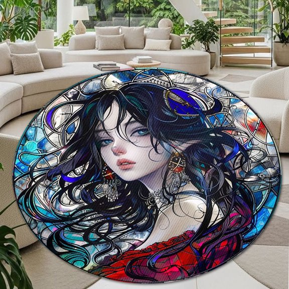 Round Rug, Manga Girl Soft Washable Carpet, Non-Slip Floor Mat for Living Room Bedroom Home Decor 24 Inch