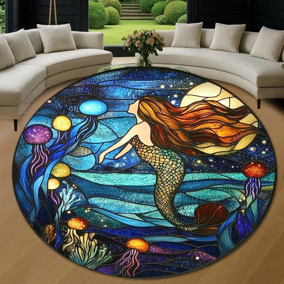 Round Rug, Mermaid2 Floral Pattern Soft Washable Carpet, Non-Slip Floor Mat for Living Room Bedroom Home Decor 24 Inch