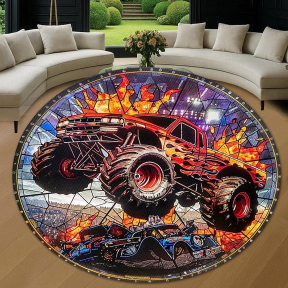 Round Rug, Monster Truck Floral Pattern Soft Washable Carpet, Non-Slip Floor Mat for Living Room Bedroom Home Decor 24 Inch