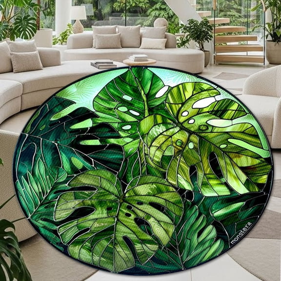 Round Rug, Monstera Soft Washable Carpet, Non-Slip Floor Mat for Living Room Bedroom Home Decor 24 Inch