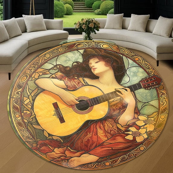 Round Rug, Nouveau Vitrail Femme1 Soft Washable Carpet, Non-Slip Floor Mat for Living Room Bedroom Home Decor 71 Inch