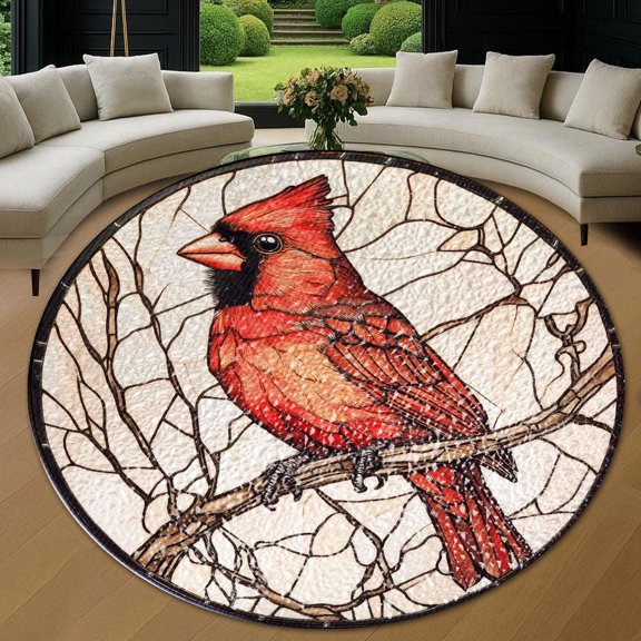 Round Rug, Red Cardinal4 Soft Washable Carpet, Non-Slip Floor Mat for Living Room Bedroom Home Decor 24 Inch