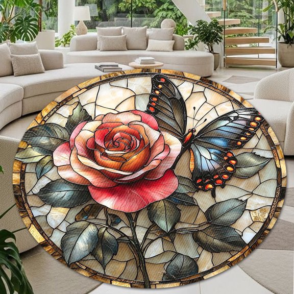 Round Rug, Rose Butterfly Soft Washable Carpet, Non-Slip Floor Mat for Living Room Bedroom Home Decor 24 Inch