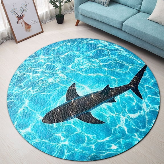 Round Rug, Shark1 Soft Washable Carpet, Non-Slip Floor Mat for Living Room Bedroom Home Decor 59 Inch